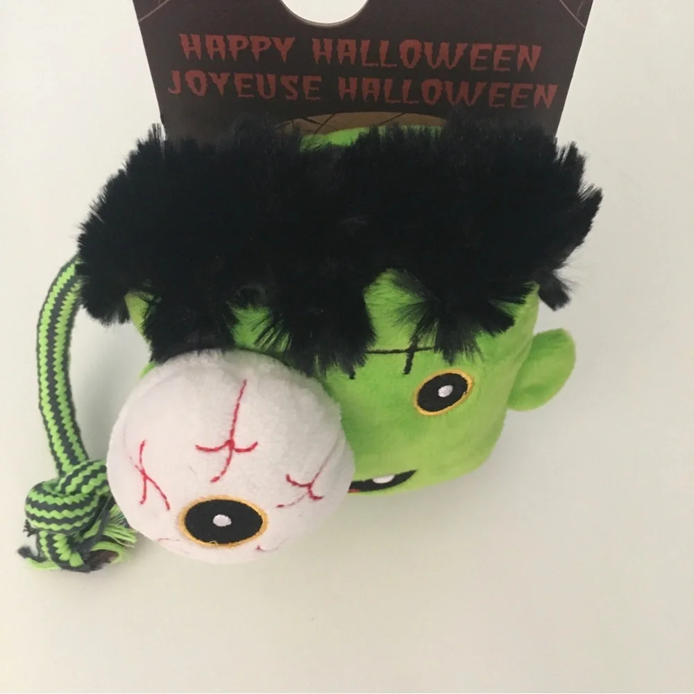 Dog Toy Green Frankenstein Plush with Rope and Eyeball Squeaker NEW